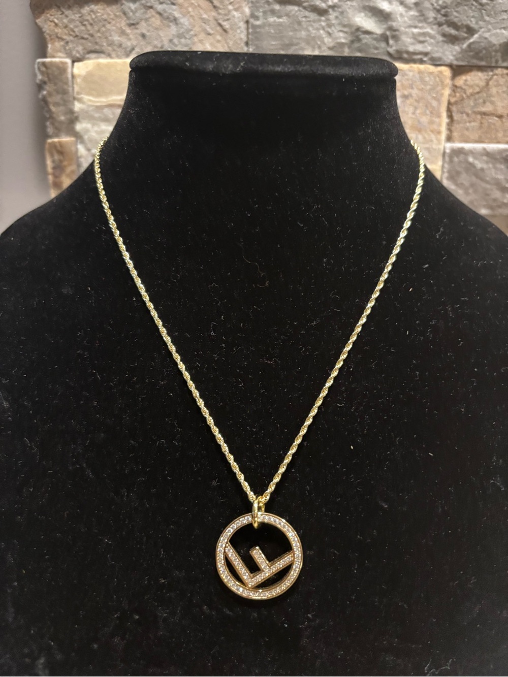 Gold Crystal Fendi Circle Pendant Necklace